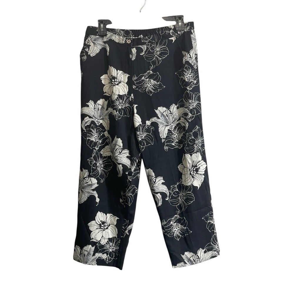 Pineapple Moon Size Med 100% Silk Crop Pants Black Floral Botanical Resort